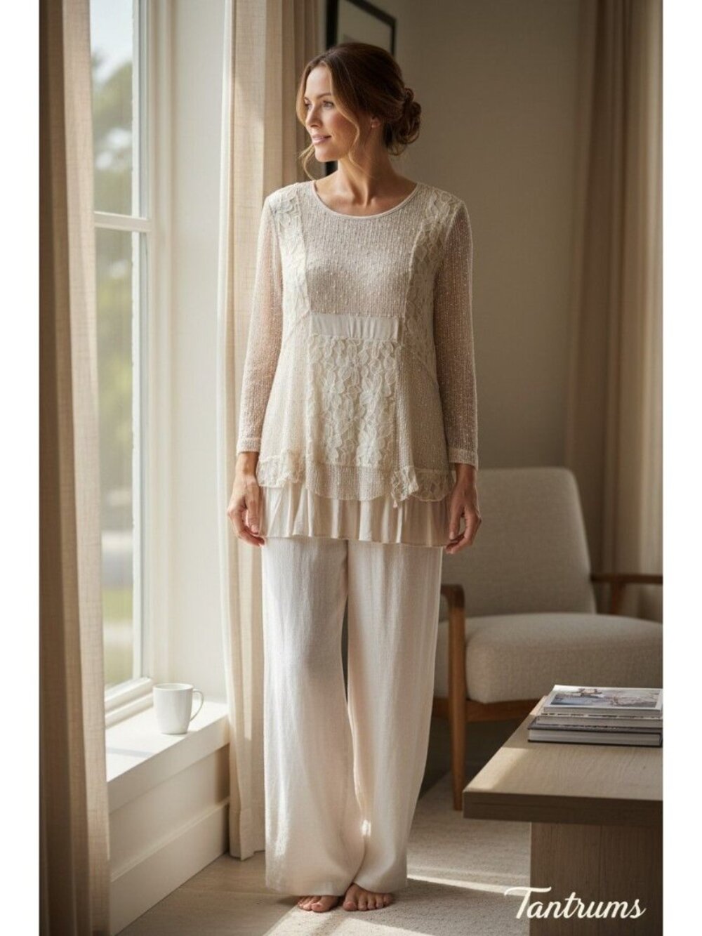 Tantrums Womens Beige Lace Crochet Tunic Top With Ruffled Hem Long Sleeves And L